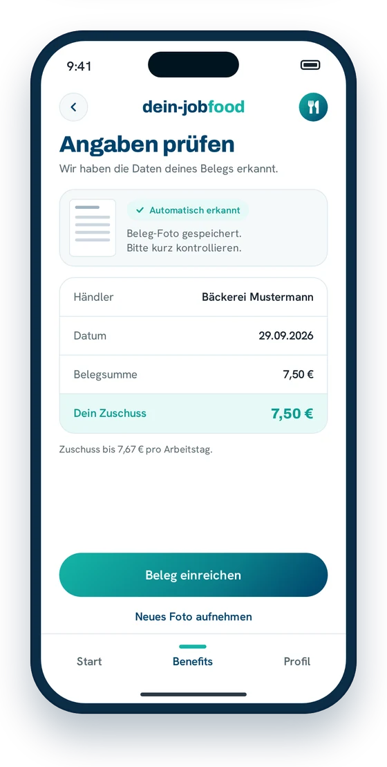App-Screen Beleg-Angaben prüfen