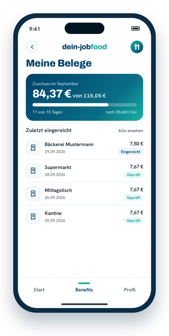 App-Screen Meine Belege: Monatsfortschritt und Belegliste