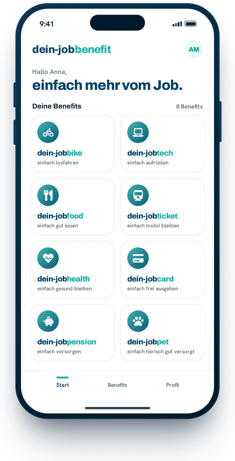 Startansicht der dein-jobbenefit-App mit allen acht Benefits