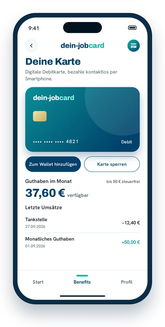 App-Screen dein-jobcard: digitale Debitkarte, Guthaben und Umsätze